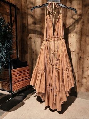 OLIA ZAVOZINA Terracotta Babydoll Dress S Distress Raw Hem Halter Boho Oversized